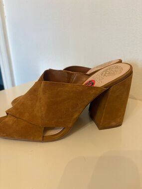 Vince Camuto Suede Open-Toe Block Heel Mule - Cognac